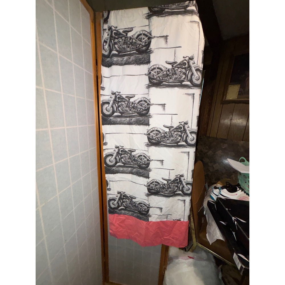 1 Vintage Motorcycle Sketch Print Curtain Panel Red Black White Biker Decor